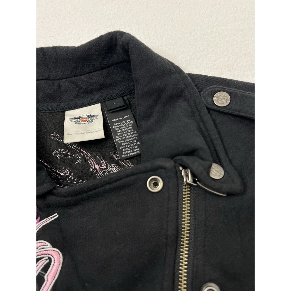Harley Davidson Jacket Women Large Black Snap Embroidered Roses Rock Vintage Y2K - Picture 3 of 11